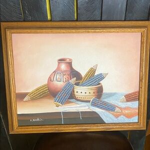 K. Hoskin Framed Still Life Painting with Corn and southwestern Pottery 16”x12”